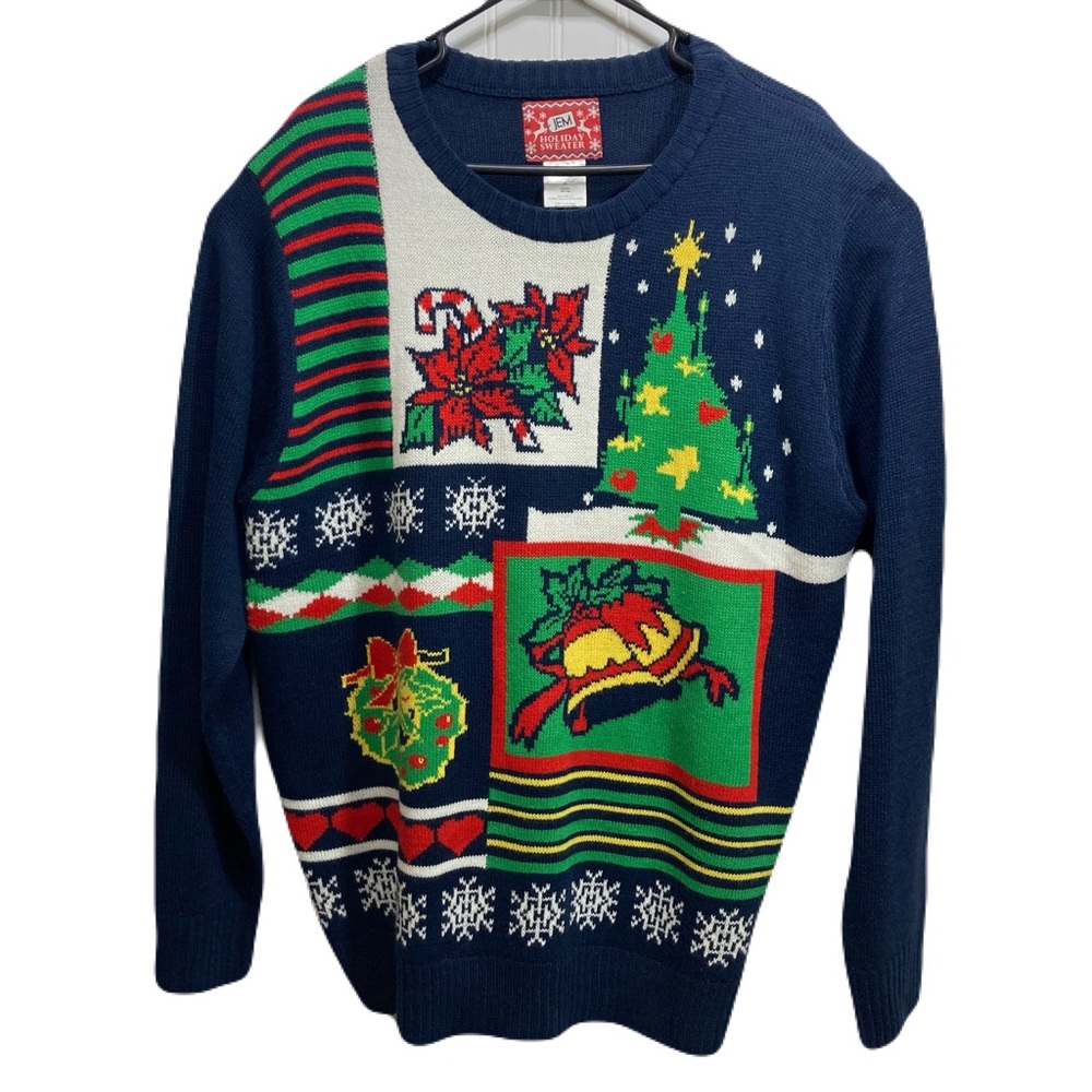 JEM Holiday Sweater XL Ugly Christmas Blue Graphic Pullover Unisex Adult Party